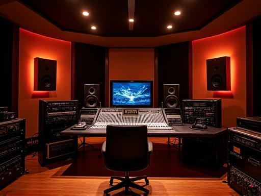 Interior view of Som de Ouro Studio mixing room with sophisticated equipment and warm lighting