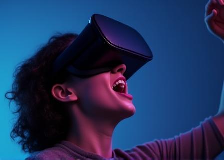 Person wearing a VR headset, reacting with awe to an immersive audio-visual experience