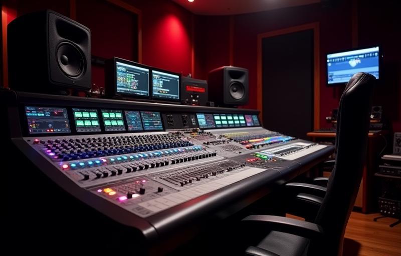 Wide shot of the main mixing console at Som de Ouro Studio, glowing with lights