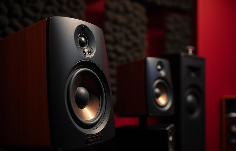 High-end studio monitoring speakers set up in the control room