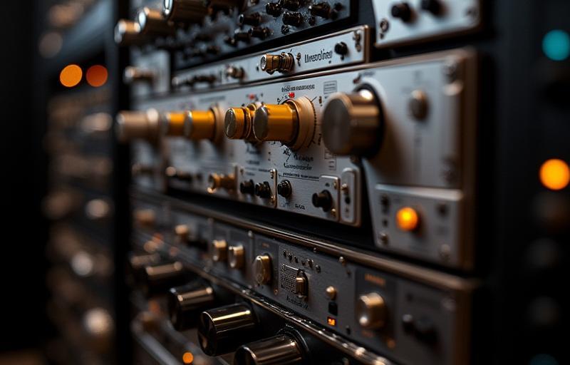 Close-up of a rack filled with outboard audio processors and preamps
